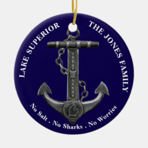 Lake SUPERIOR Patriotic distressed anchor nautical Ceramic Ornament
