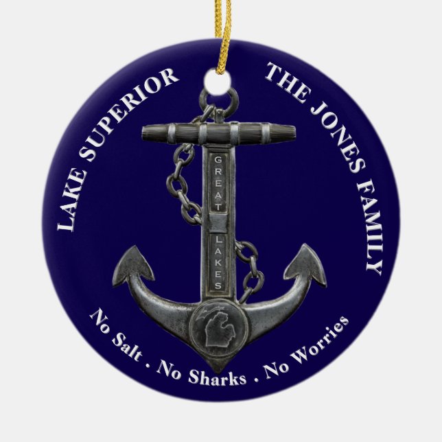Lake SUPERIOR Patriotic distressed anchor nautical Ceramic Ornament (Front)