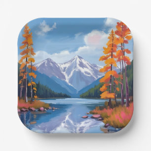 Lake Tahoe Autumn Fall Foliage Mountain Painting Paper Plate