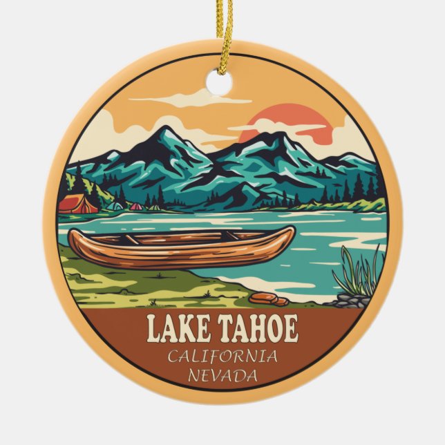 Lake Tahoe Boating Fishing Emblem Ceramic Ornament (Front)