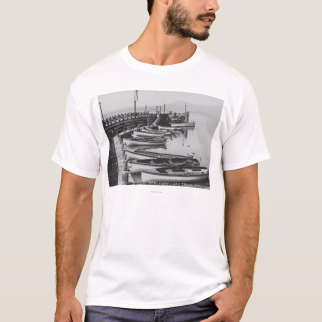 Lake Tahoe, CA - Wooden Boats along Dock Photo T-Shirt (Front)