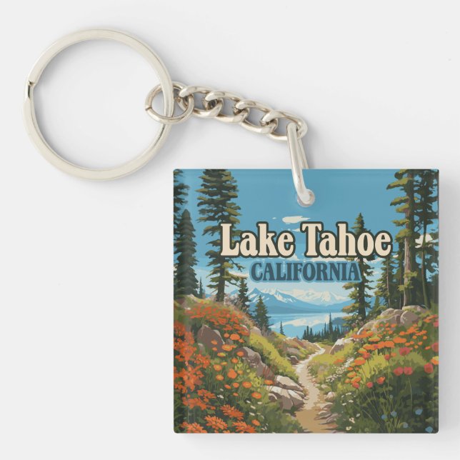 Lake Tahoe California Nevada Retro Travel Key Ring (Front)