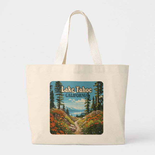 Lake Tahoe California Nevada Retro Travel Large Tote Bag (Front)