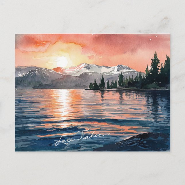 Lake Tahoe California Nevada Watercolor Painting Postcard (Front)