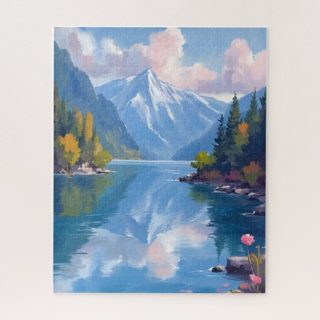 Lake Tahoe Mountains Watercolor Nature Painting Jigsaw Puzzle (Vertical)
