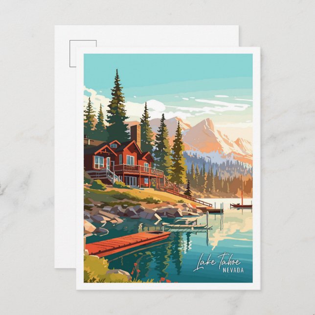 Lake Tahoe Nevada Art vintage travel illustration Postcard (Front/Back)