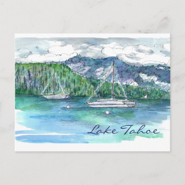 Lake Tahoe Sailing Mountains Clouds Postcard (Front)