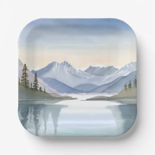 Lake Tahoe Watercolor Mountain Landscape Paper Plate
