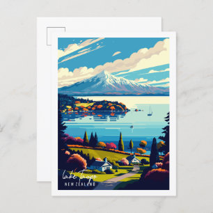 Lake Taupo New Zealand vintage travel illustration Postcard