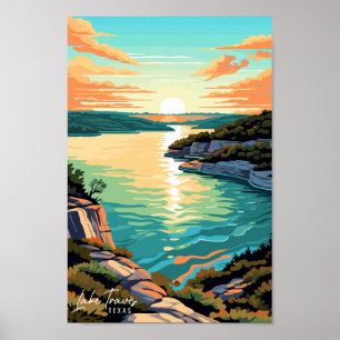 Lake Travis Texas Travel Art Vintage Illustration Poster