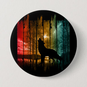 LAKE TREES WOLF HOWLING 7.5 CM ROUND BADGE