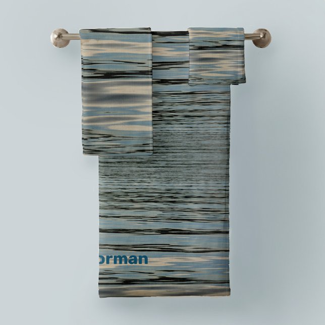 Lake Water Blue Beige Wavy Stripes Bath Towel Set (Creator Uploaded)