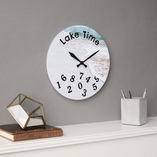 Lake Water On Whitewashed Wood Large Clock (Office)