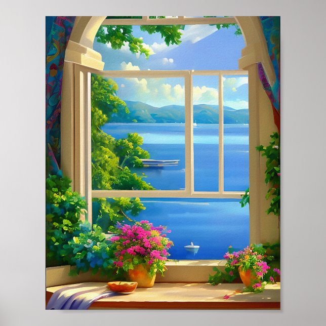 Lake Window Scene Retreat Landscape Art Print (Front)