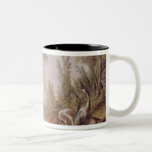Lake with geese, storks, parrots and herons Two-Tone coffee mug