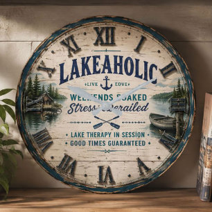 Lakeaholic Rustic Lake House Cabin Retreat Decor Large Clock