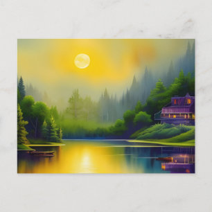 Lakehouse Sunrise Reflections Digital Art Postcard