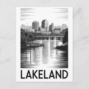 Lakeland Florida Skyline Black White Woodcut Postcard