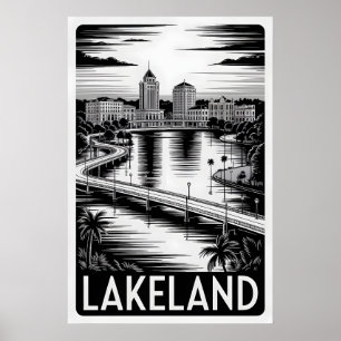 Lakeland Florida Skyline Black White Woodcut Poster