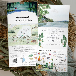 Lakeside Campground Resort   Illustrated Wedding Tri-Fold Invitation
