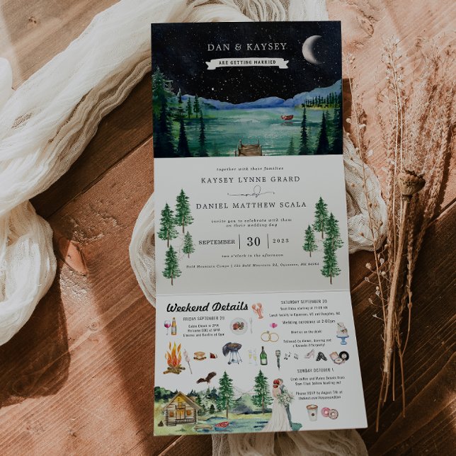 Lakeside Campground Resort | Illustrated Wedding  Tri-Fold Invitation (Creator Uploaded)