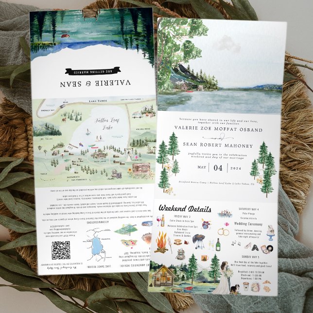 Lakeside Campground Resort | Illustrated Wedding Tri-Fold Invitation (Creator Uploaded)