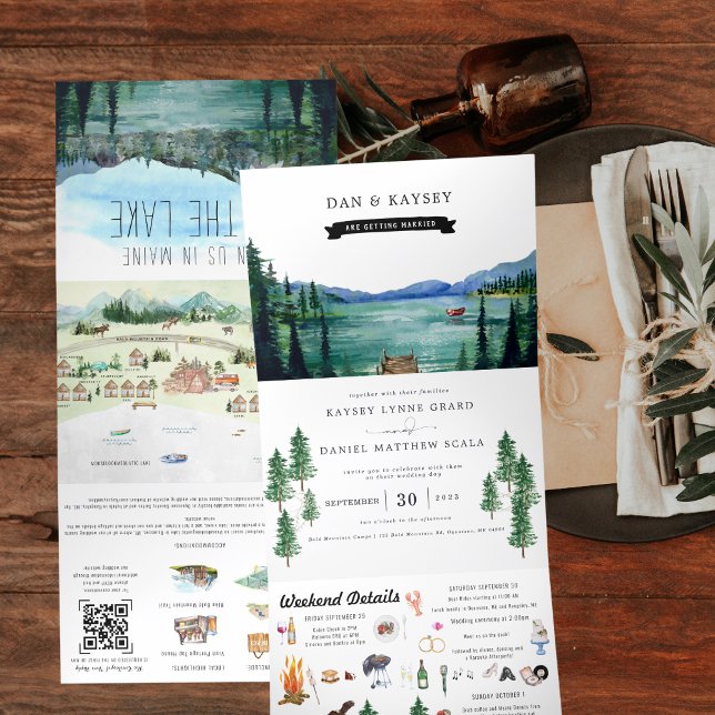 Lakeside Campground Resort | Illustrated Wedding  Tri-Fold Invitation (Creator Uploaded)