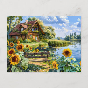 Lakeside Cottage with Sunflower Field Postcard