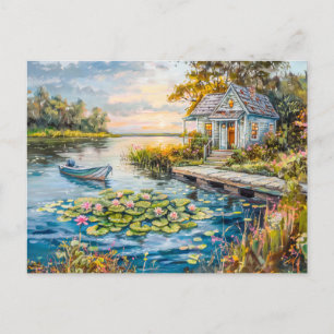 Lakeside Fishing Cottage with Water Lilies Postcard