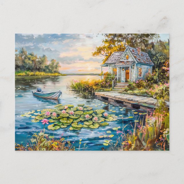 Lakeside Fishing Cottage with Water Lilies Postcard (Front)