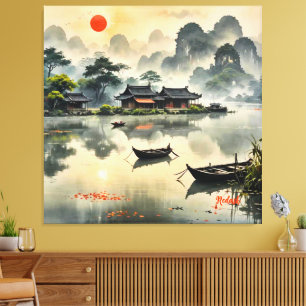 Lakeside Fishing Huts Red Sun Landscape Canvas Print