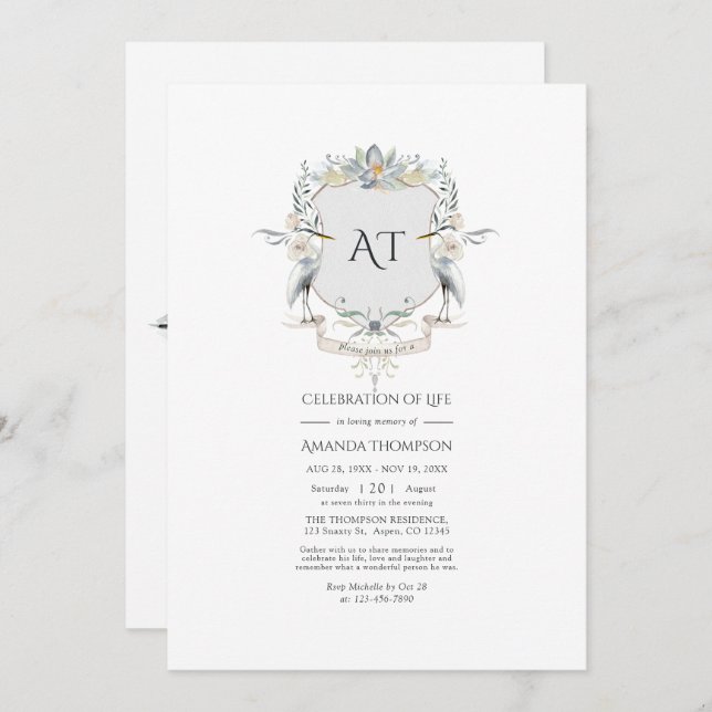 Lakeside Monogram Laurel Crest Celebration of Life Invitation (Front/Back)