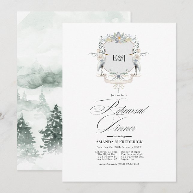 Lakeside Monogram Laurel Crest Rehearsal Dinner Invitation (Front/Back)