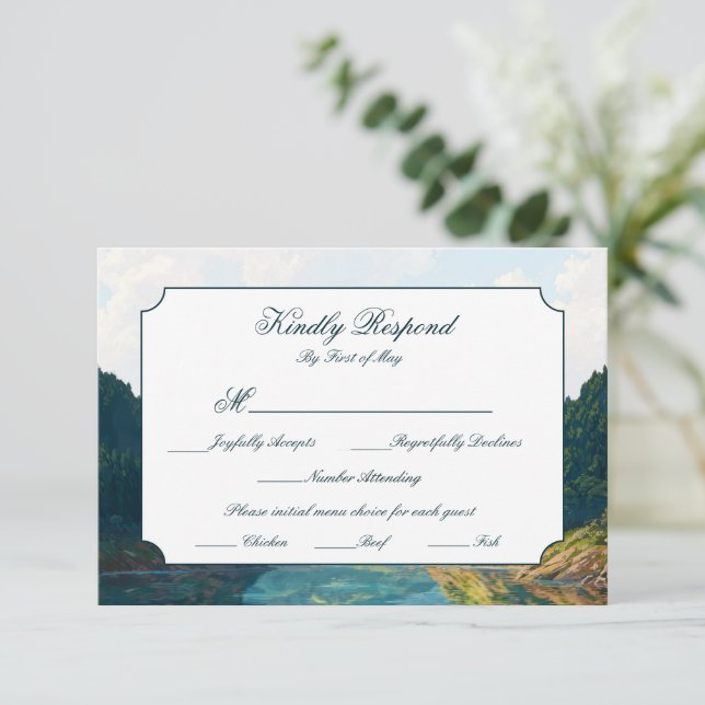 Lakeside Mountain Valley Wedding RSVP Card (Standing Front)