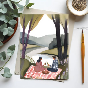 Lakeside Picnic Nature Watercolor Painting Postcard