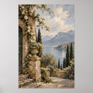 Lakeside Stone Terrace with White Roses Wall Art