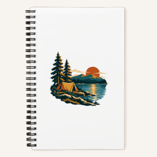 Lakeside Sunset Tent and Pines Camping Notebook