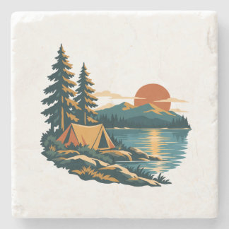 Lakeside Sunset Tent and Pines Camping Stone Coaster