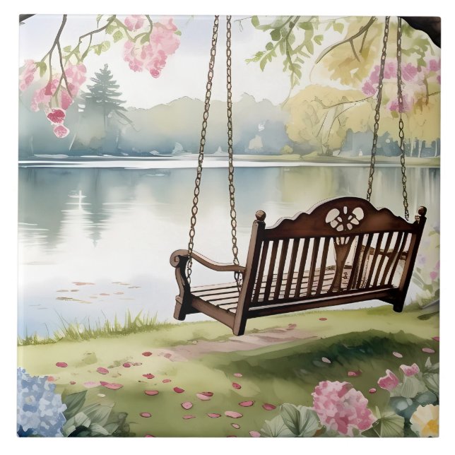 Lakeside Swing in Romantic Watercolor Garden Ceramic Tile (Front)