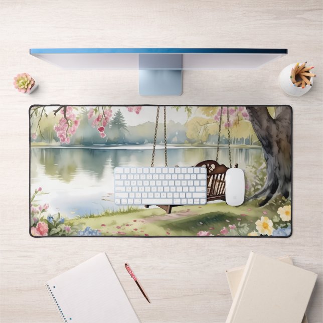 Lakeside Swing in Romantic Watercolor Garden Desk Mat (Office 1)