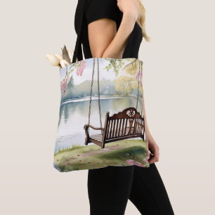 Lakeside Swing in Romantic Watercolor Garden Tote Bag