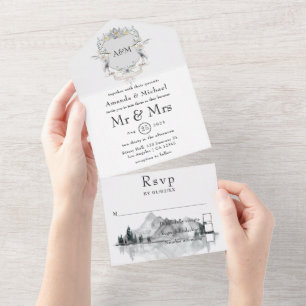 Lakeside Wedding Monogram Crest All In One Invitation