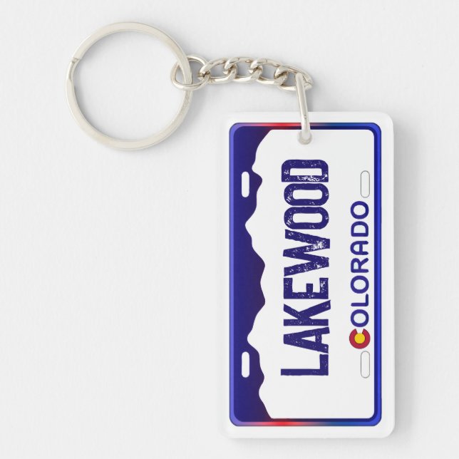 Lakewood Colorado blue license plate keychain (Front)