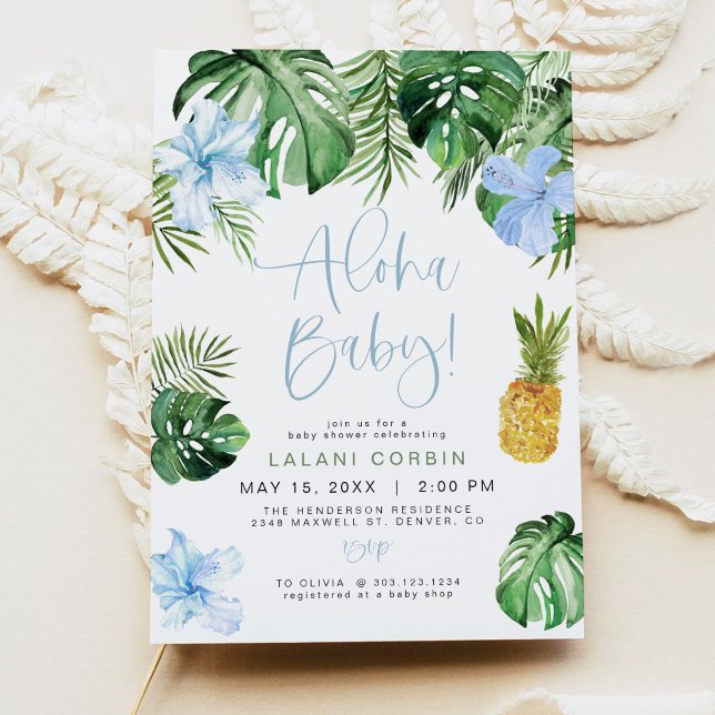 LALANI Tropical Blue Hibiscus Luau Baby Shower Invitation (Creator Uploaded)