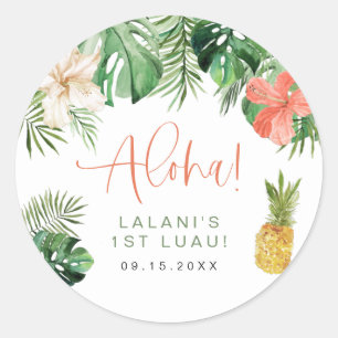 LALANI Tropical Pink Hibiscus Luau 1st Birthday Classic Round Sticker