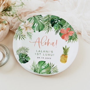 LALANI Tropical Pink Hibiscus Luau 1st Birthday Paper Plate