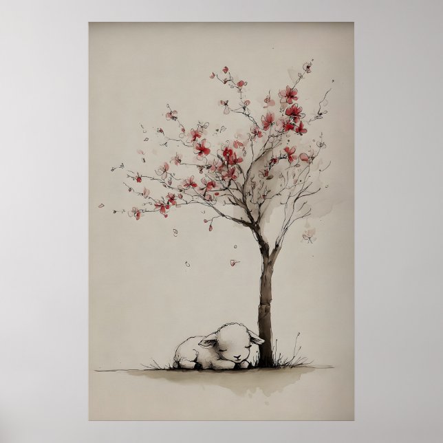 Lamb a Blossoming Tree Printable Art, Minimalist Poster (Front)