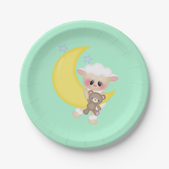 Lamb and Crescent Moon Baby Shower Paper Plate (Front)