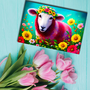Lamb Animal Cute Bright Flowers Pink Colourful  Postcard
