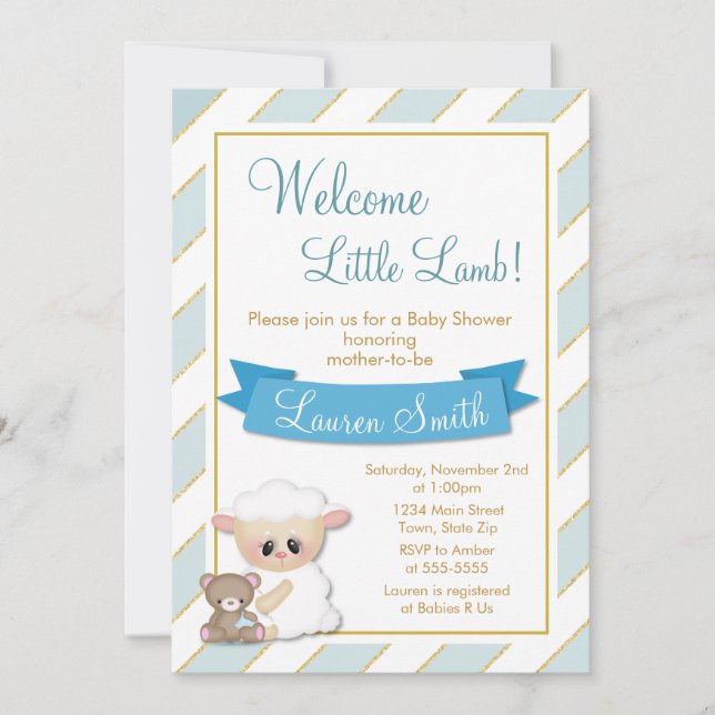 Lamb Baby Shower Invitation Blue Baby Boy Lamb (Front)